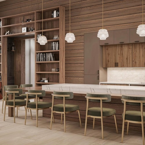 a kitchen with a table and chairs