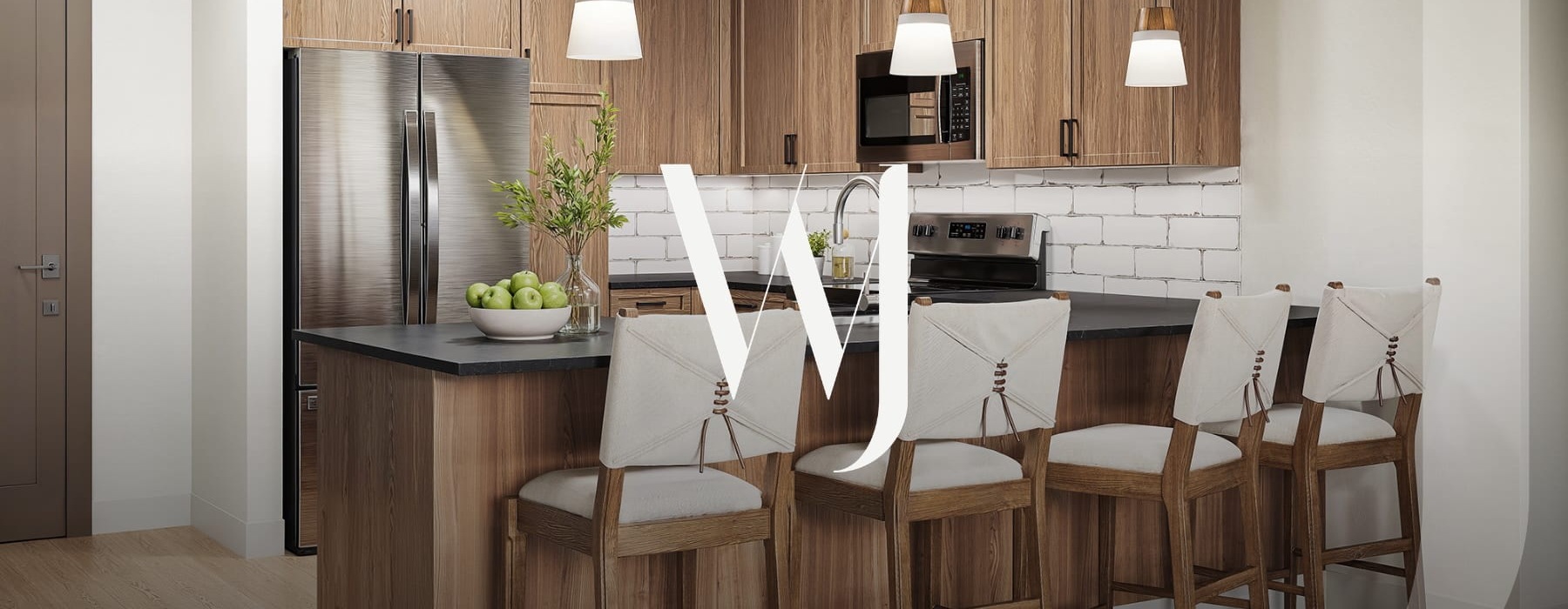 a kitchen with a large extended counter space