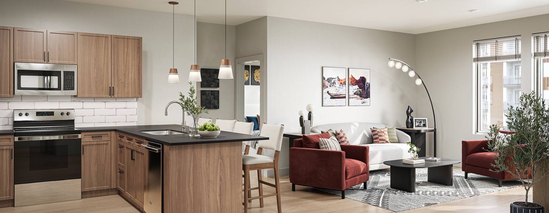 a large kitchen with a couch and a table